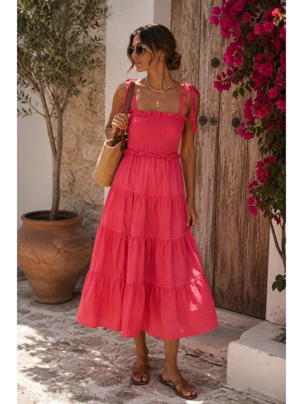 Tuckernuck Smocked Tie Strap Tiered Midi Dress Pink Cotton Blend Ruffle XXXL